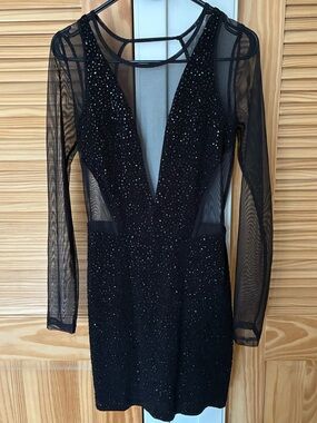 Foreign Exchange Black Sparkle Mesh Plunge Mini Dress